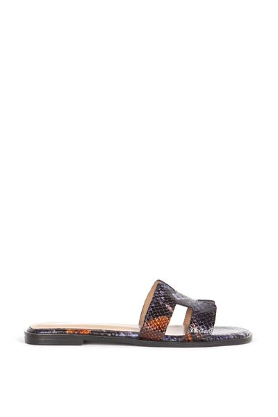 Dericlub Γυναικείες παντόφλες Navy Blue - Snake Printed, Real Leather, Flat Sole Pl 041031