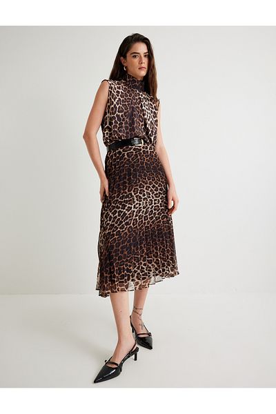 Koton Leopard Patterned Midi Skirt - Pleated and Flared Design