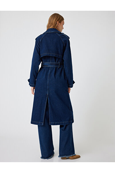 Koton Denim Trençkot Uzun Kruvaze Yaka Apoletli Kemer Detaylı Cepli