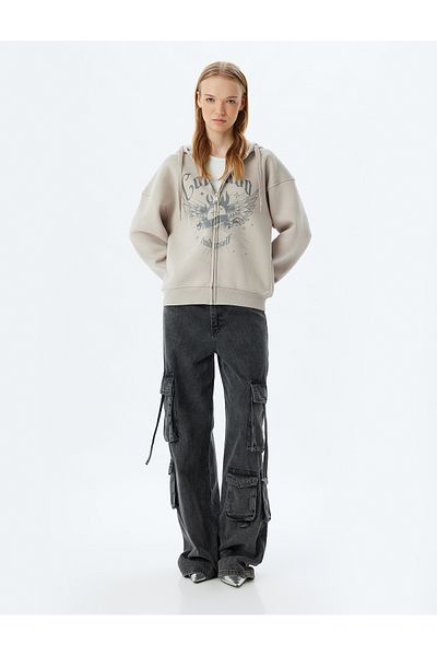 Koton Oversize Zippered Hooded Sweatshirt - Printed with Pocket Detail