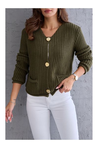 Elif Özbey Butik Khaki Braided Gold Buttoned Trend Cardigan