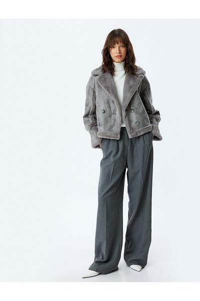 Koton Faux Leather Double Breasted JacKet - Fur Collar and Plush Detail