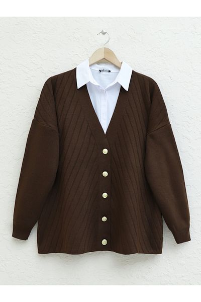 Modamorfo Cross Striped Brooch Buttoned Knitwear Cardigan - Brown
