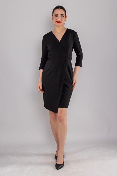 AYHAN 61988 Kruvaze Yaka Kuşaklı Kısa Krep Elbise