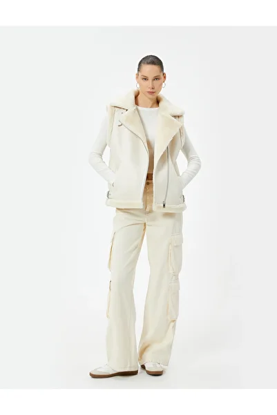 Koton Long Biker Vest - Faux Leather, Fur Collar and Zippered Pockets