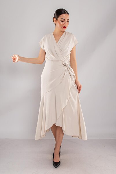 AYHAN 61878 Kruvaze Yaka Yandan Beli Bağlamalı Astarlı Midiboy Elbise