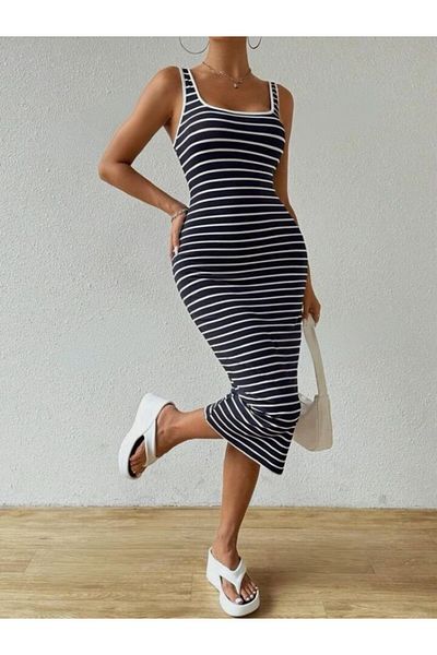 Butik Women's Thick Strap Geometric Collar Striped Camisole Dress S-M-Black