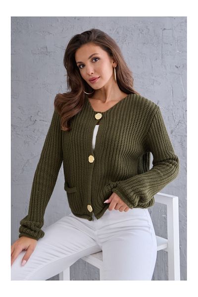 Elif Özbey Butik Khaki Braided Gold Buttoned Trend Cardigan