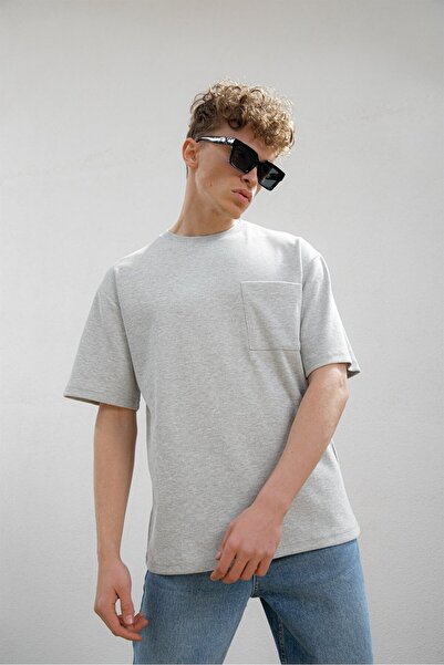 ablukaonline Γκρι ανδρικό μπλουζάκι Oversize με υφή - Μπροστινή τσέπη