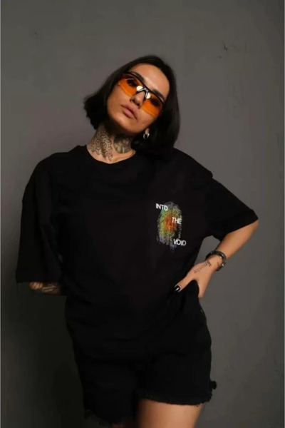 oniks store Unisex Crew Neck Printed Oversize T-Shirt - Black