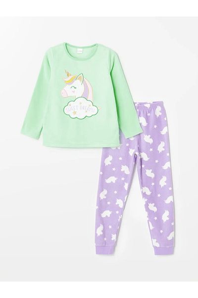LC Waikiki Lcw Kids Light Water Green Crew Neck Printed Long Sleeve Girl's Pajamas Set