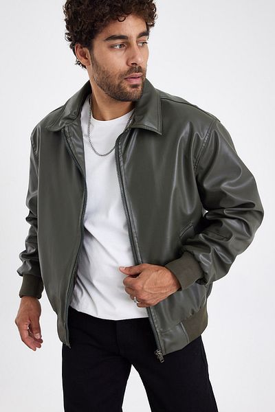 MADZEYMODA New Season Ανδρικό Χακί Πράσινο Δερμάτινο Παλτό Mz58529