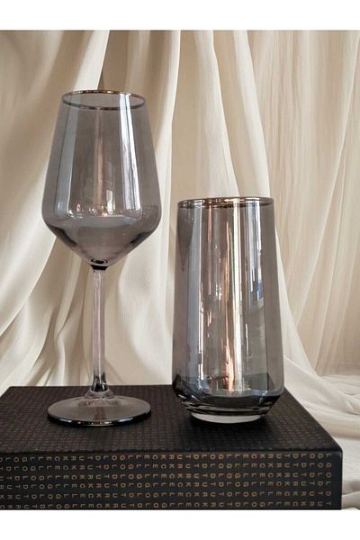 P H Panayır Home Smoke-Black Silver Gilt Goblet Soft Drink Glass Set 12 Pieces