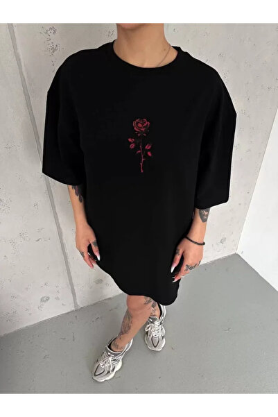 oniks store Unisex Crew Neck Printed Oversize T-Shirt - Black