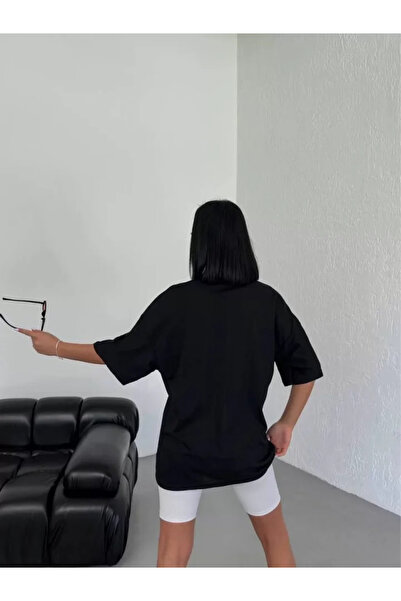 JANES Унісекс футболка з принтом на шиї з великим вирізом чорна