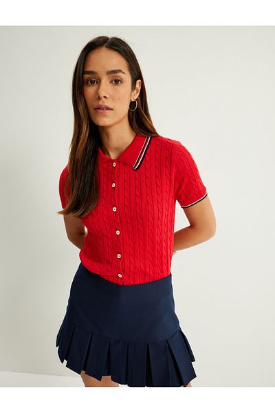 Koton Polo Collar Knitwear Sweater - Short Sleeve, Button and Hair Knit Texture