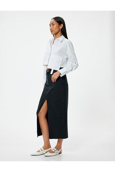Koton High Waist Buttoned Slit Detail Midi Denim Skirt