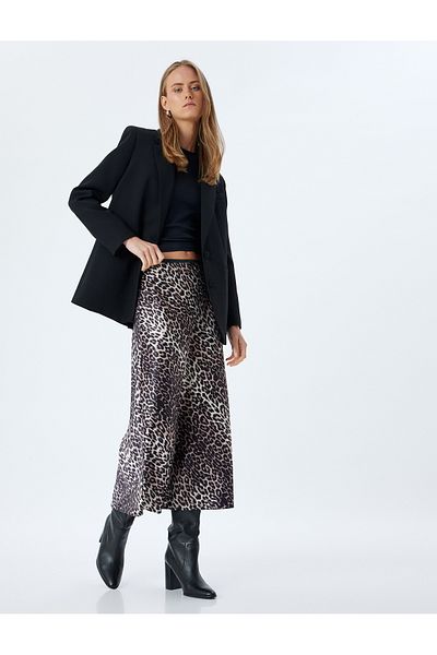 Koton Leopard Patterned Satin Midi Skirt - A-line, Standard Waist