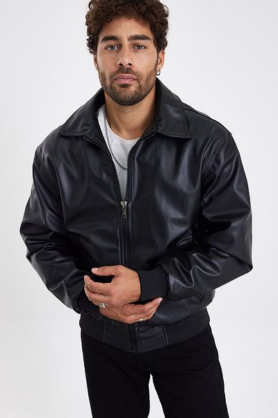 MADZEYMODA Мъжко черно кожено палто за нов сезон Mz58529