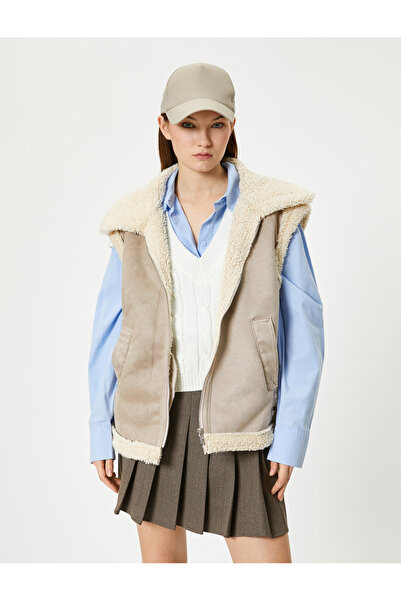 Koton Biker Vest Collar with Faux Fur Zipper Pocket