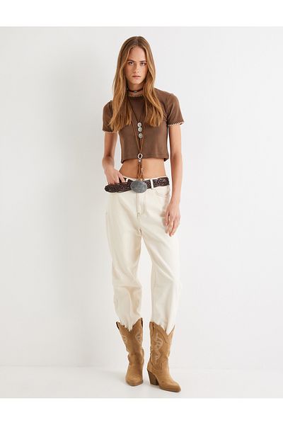 Koton Short Sleeve Crew Neck Crochet Detailed Crop T-Shirt