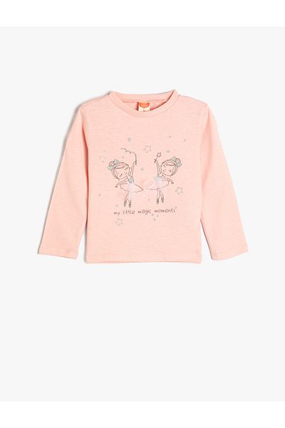 Koton Cotton Ballerina Printed Long Sleeve Crew Neck T-shirt