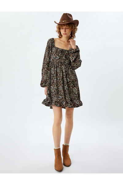 Koton Μίνι φόρεμα με μπαλόνι με έθνικ στάμπα - τετράγωνος γιακάς με βολάν και δαντέλα