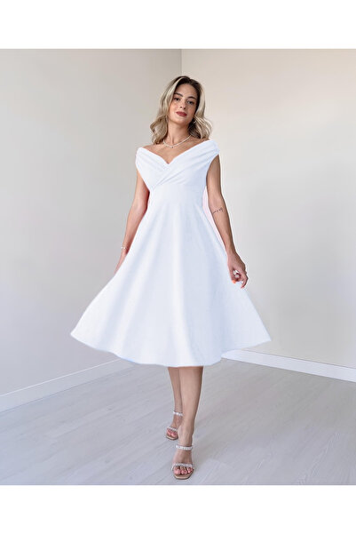 moda wanilia Γυναικείο φόρεμα κρεπ με κοντό μανίκι με διπλό στήθος γιακά