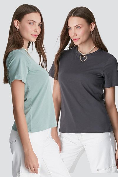 C&City Σετ T-Shirt 2 τεμαχίων Crew Neck Basic - Çağla/Smoked 960