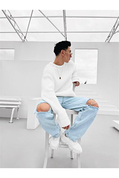 ablukaonline Бял мъжки екстра голям пуловер с рипс