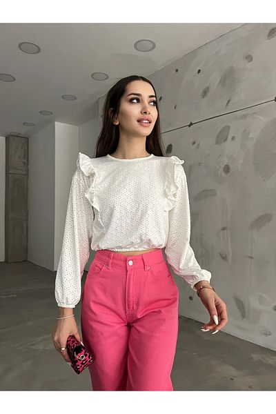 Fav Style Γυναικεία λαιμόκοψη με βολάν ώμους Λεπτομέρεια μακρυμάνικη ελαστική μέση Crop μπλούζα λευκή