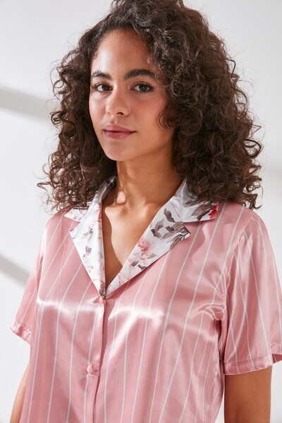 C&City Γυναικείο Σατέν Πουκάμισο Παντελόνι Πιτζάμα 9066 Ροζ/εκρού