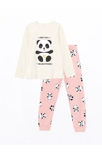 LC Waikiki LCW Mädchen-Pyjama-Set mit Rundhalsausschnitt, bedruckt, langärmelig