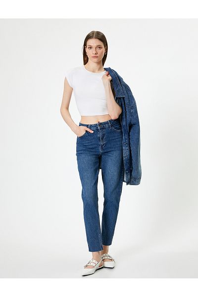 Koton Jeanshose mit hoher Taille, gerades Bein, schmale Passform, Baumwolle – Slim-Fit-Jeans