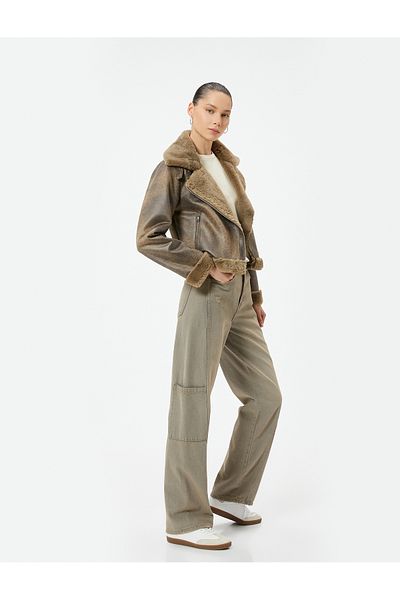 Koton Fur Collar Zippered Pocket Biker Coat