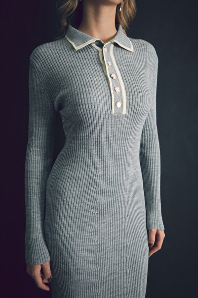 Fulla Moda Βασικό Πλεκτό Φόρεμα με γιακά πουκάμισο με μισό κουμπί