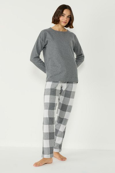 C&City Jacquard Crew Neck Off Shoulder Long Sleeve Pocket Pajama Set 402026   Gray