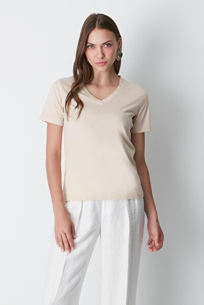 C&City Βασικό T-Shirt με κοντό μανίκι V-λαιμόκοψη 2 συσκευασιών 962 Χακί/Μπεζ