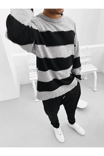 ablukaonline Ανδρικό πουλόβερ σε γκρι Oversize ριγέ