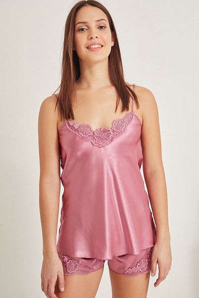 C&City 025 Damen-Nachthemd aus Satin mit Shorts, Dusty Rose