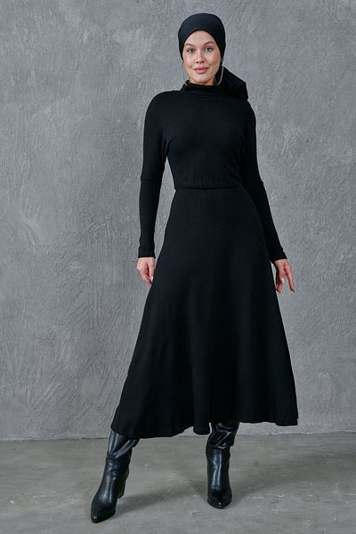 vuvutasarım Flexible Acrylic Fabric Stand Collar Long Sleeve Midi Length Black Hijab Dress 134