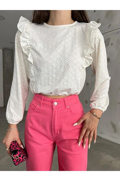 Fav Style Γυναικεία λαιμόκοψη με βολάν ώμους Λεπτομέρεια μακρυμάνικη ελαστική μέση Crop μπλούζα λευκή