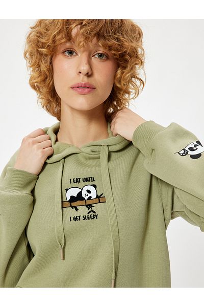 Koton Голям бродиран суичър с качулка Panda - джоб тип кенгуру