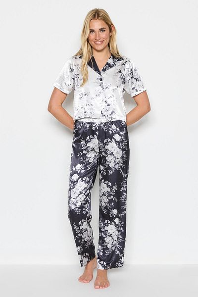 C&City Damen-Pyjama-Set aus Satin mit Crop-Shirt und Hose 9066 Weiß/Schwarz