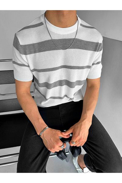 ablukaonline Γκρι ανδρικό πλεκτό μπλουζάκι Oversize