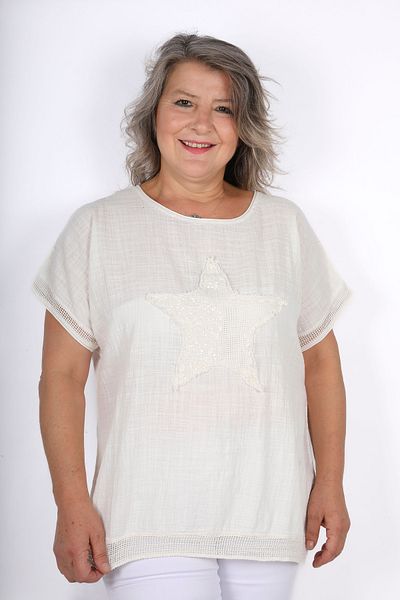 Hitit Butik Star Sequined Cream Linen Blouse