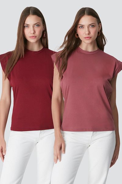 C&City 958 Model Crew Neck Dried Rose/Claret Red 2-Pece Basic T-Shirt Set