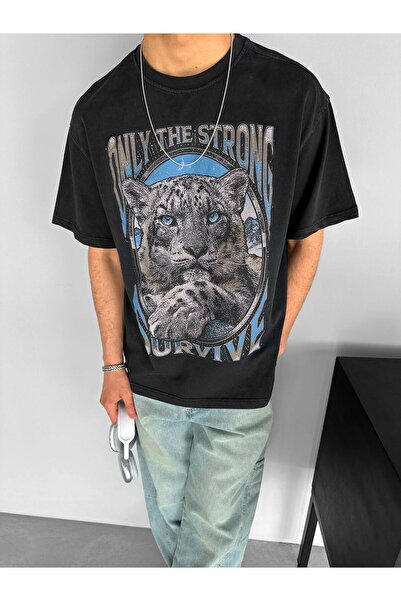 ablukaonline Чорна чоловіча футболка оверсайз з принтом леопарда
