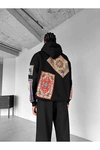 ablukaonline Men's Black Oversize Kilimli Hoodie