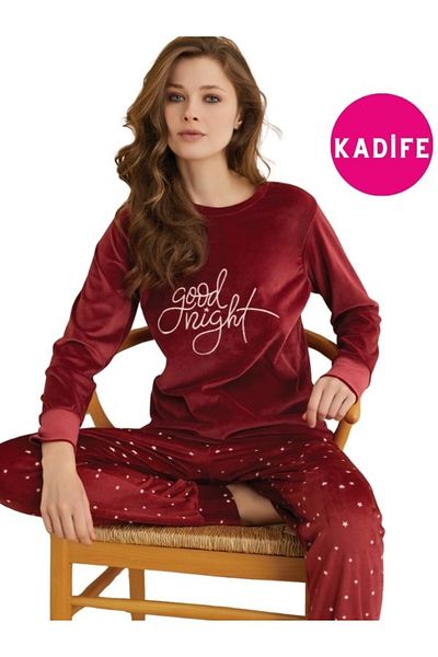 bie's Claret Red Star Good Night Crew Neck Velvet Winter Long Sleeve Pajama Set with Elastic/Cuffs